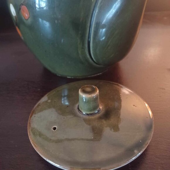 Vintage Mossy Green Ceramic Asian Teapot with Bamboo Wrapped Handle - Picture 3 of 10